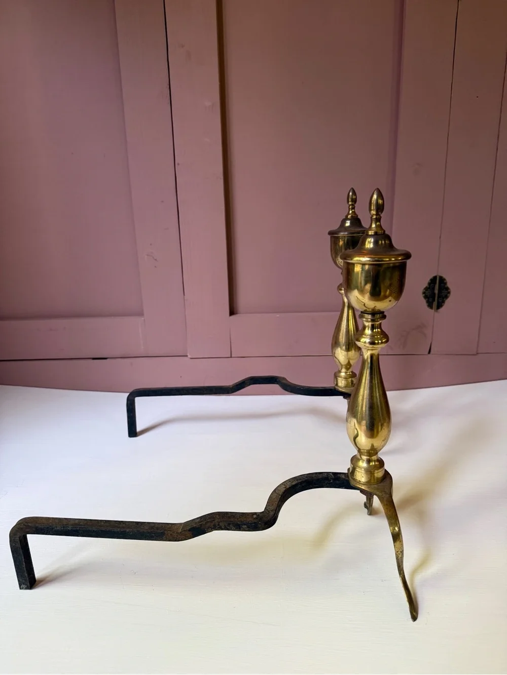 Vintage Brass & Cast Iron Fireplace Andirons Federal Style